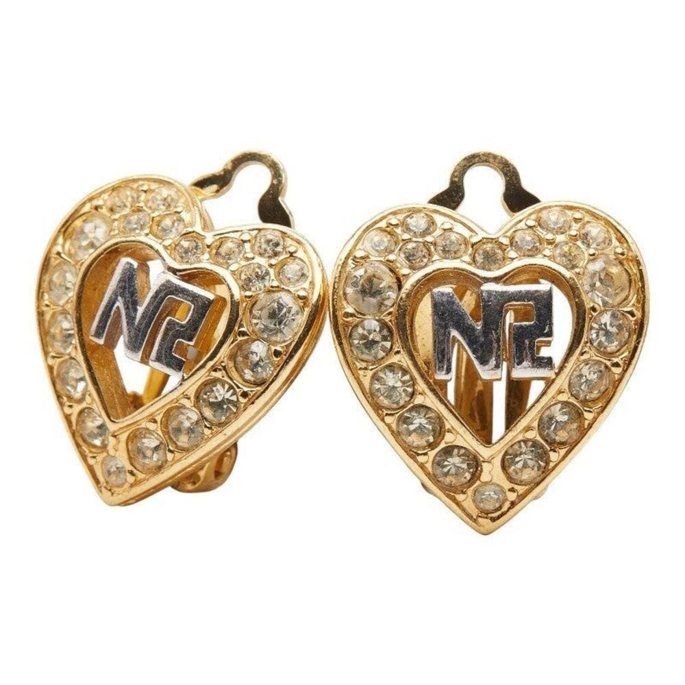 Nina Ricci Logo Heart Rhinestone Plated Metal Earrings Gold